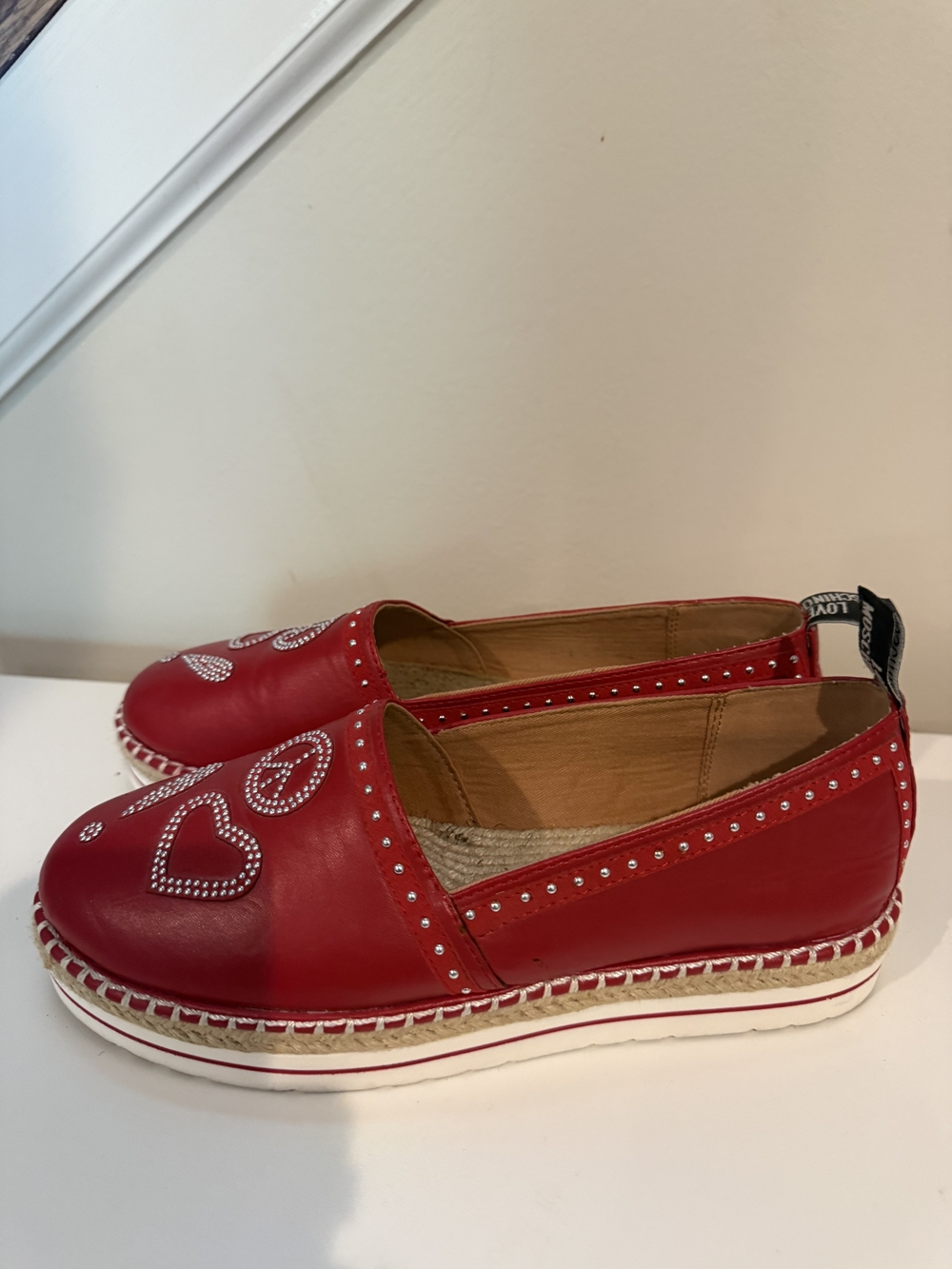 Love Moschino Red Leather Espadrille Slip-Ons with Heart Studs